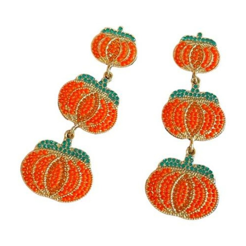 Halloween Earrings Orange Pumpkin Thanksgiving Fall Rhinestone Dangle Earrings